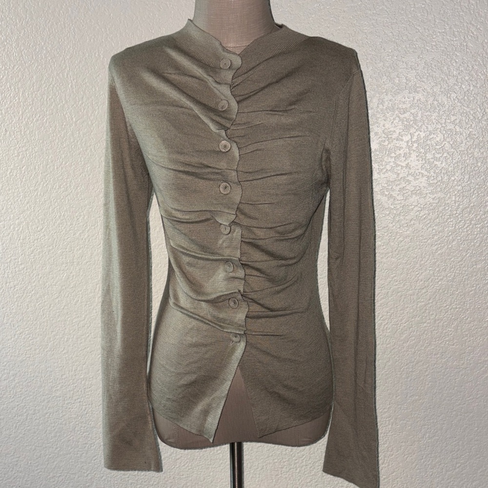 Zara light brown Ruched Button-Front Long Sleeve Top